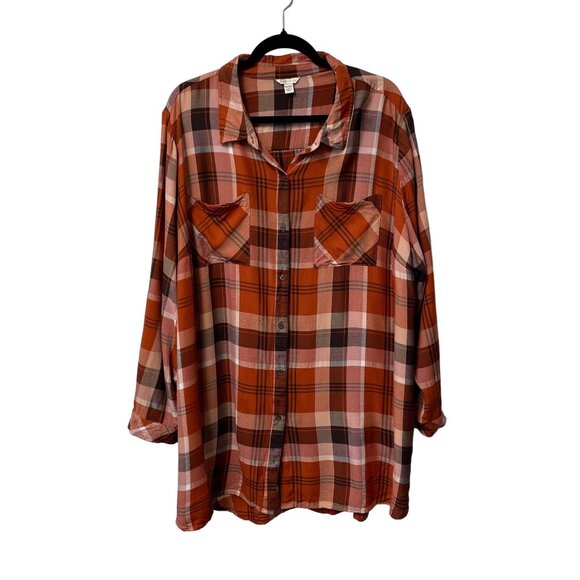 CATO PLAID TUNIC TOP BUTTON UP SHIRT LONG SLEEVE POCKETS WOMEN'S 26/28 ORANGE - Picture 1 of 7